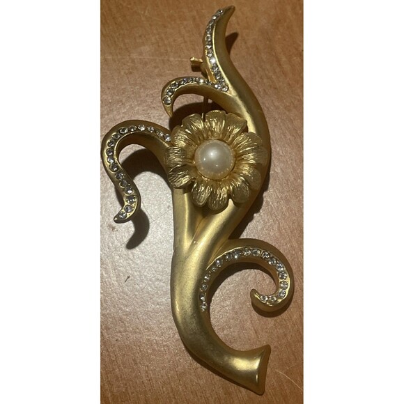 Vintage Gold Tone Faux Pearl Brooch Pin  Jewelry 4inch Very Rare - Picture 1 of 6